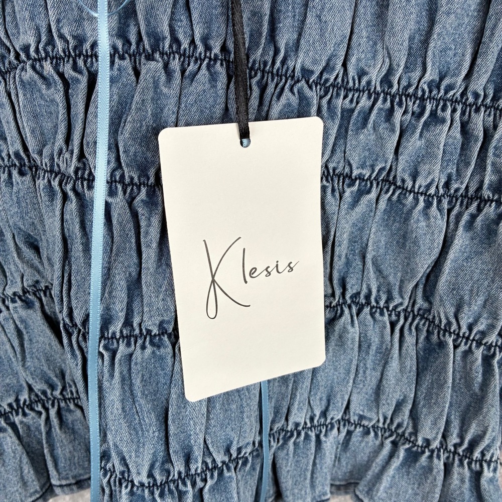 NWT Klesis Top Ruched Blue Denim Ribbon Crochet Trim Women M Coastal Cowgirl - Picture 5 of 11